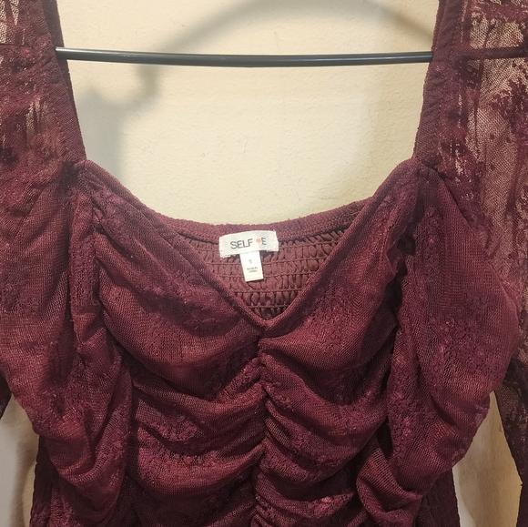 SELF E Red Burgundy Long Sleeves Lace Rush Blouse size S - Picture 5 of 11
